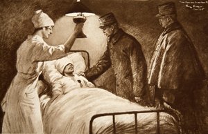Un caballero de la Legión de Honor: un capitán francés herido, a punto de someterse a una operación peligrosa, decorado por su general en un hospital de campaña, de 